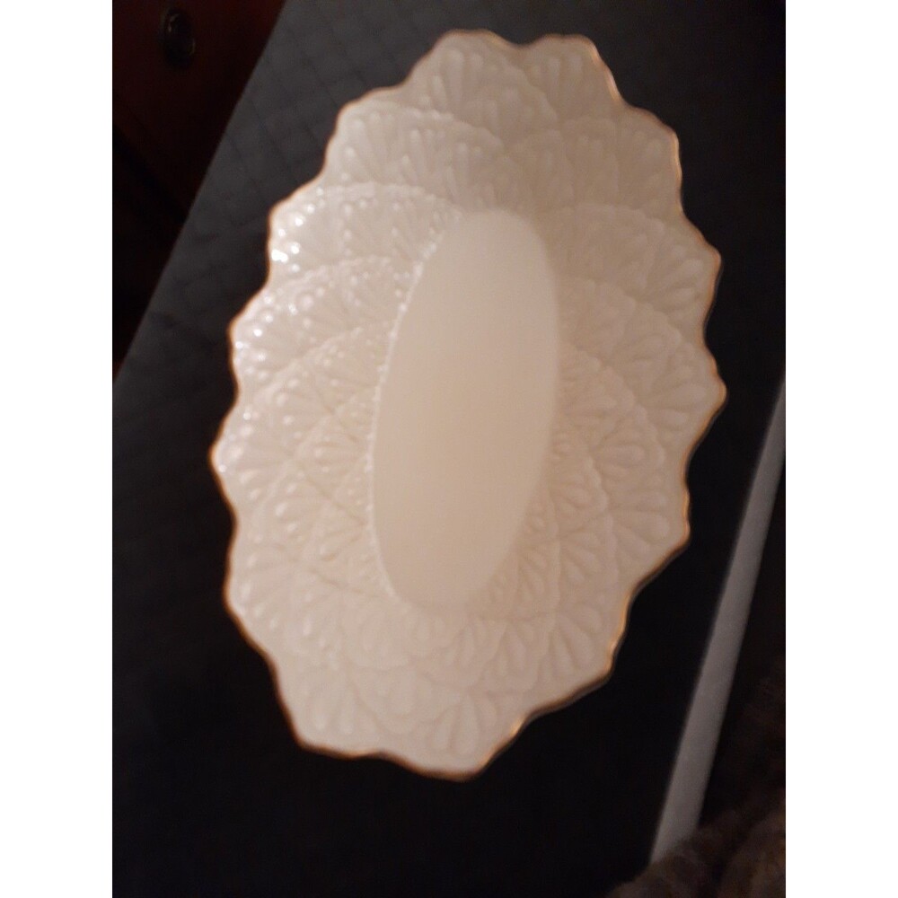 Lenox Jacquard Oval Serving Trinket Candy Dish Bowl White 9 1/2" x 6" 24k Gold